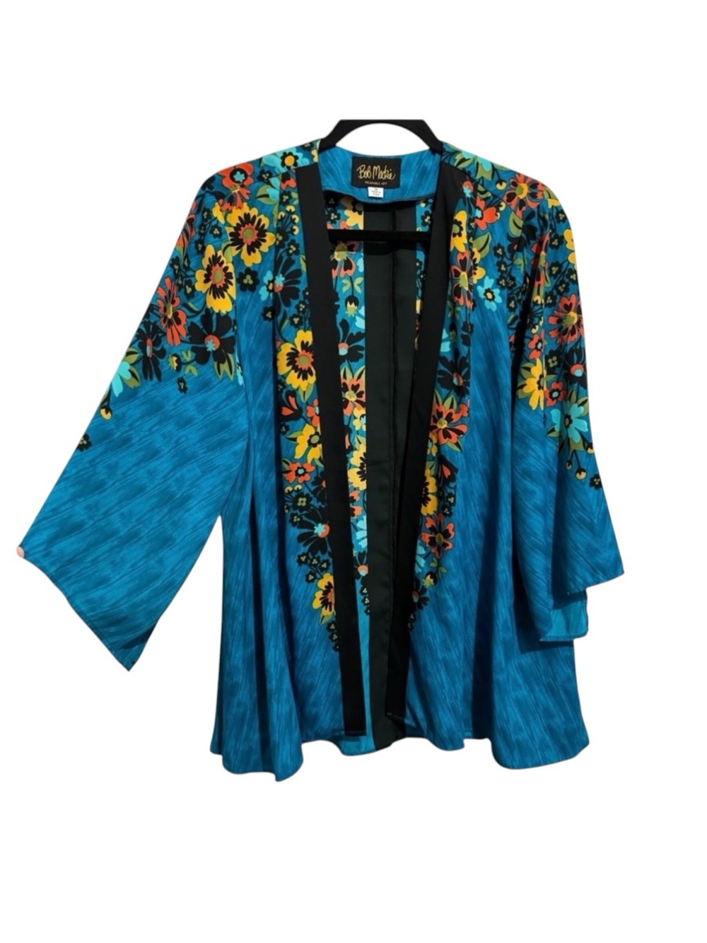 Bob Mackie Kimono Cardigan Women 1X Blue Floral Artsy Wearable Art Jacket
